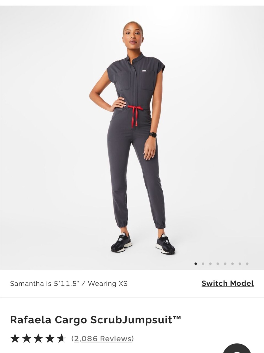 Figs Rafaela Cargo Scrub Jumpsuit - Slate with Red Drawstring